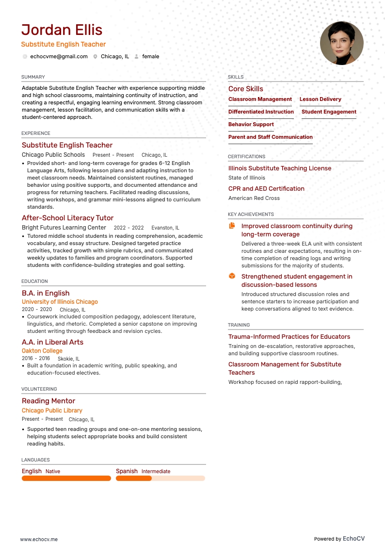 Substitute English Teacher example resume