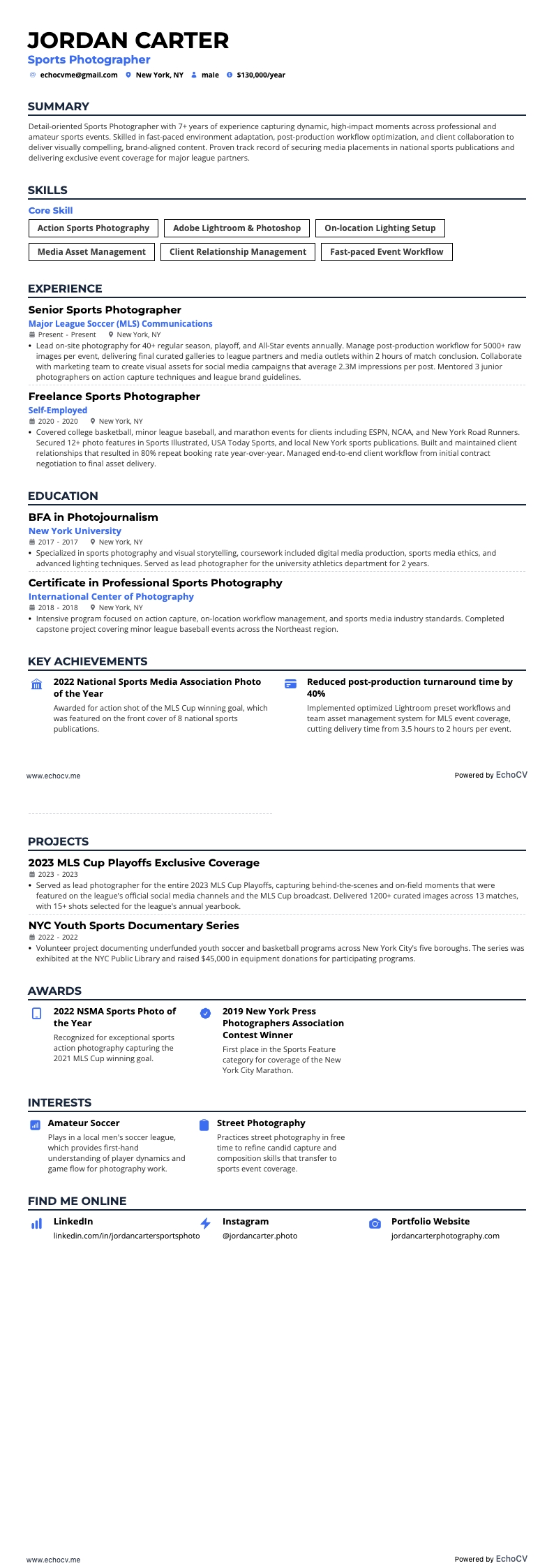 Sports Photographer example resume