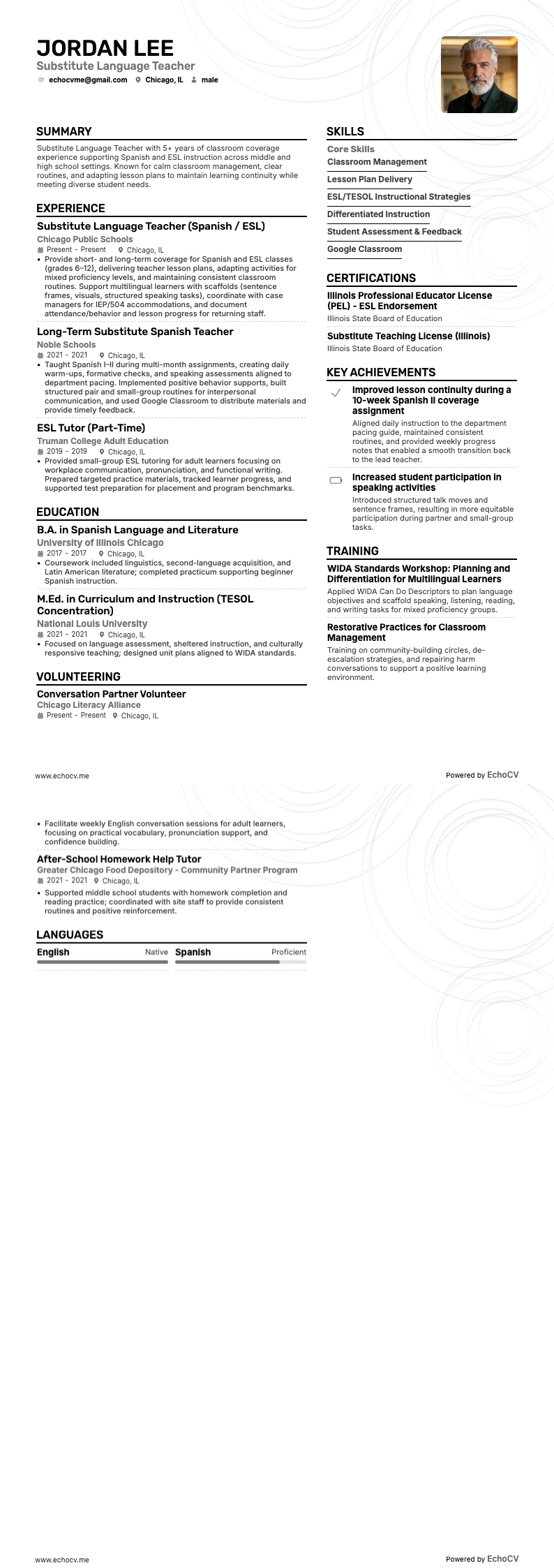 Substitute Language Teacher example resume