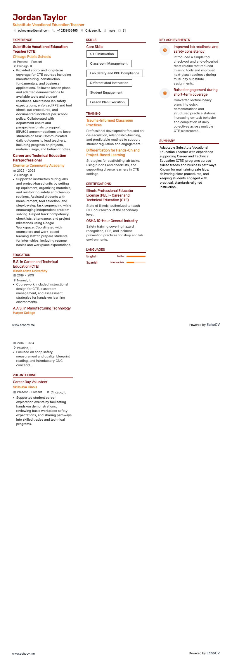 Substitute Vocational Education Teacher example resume