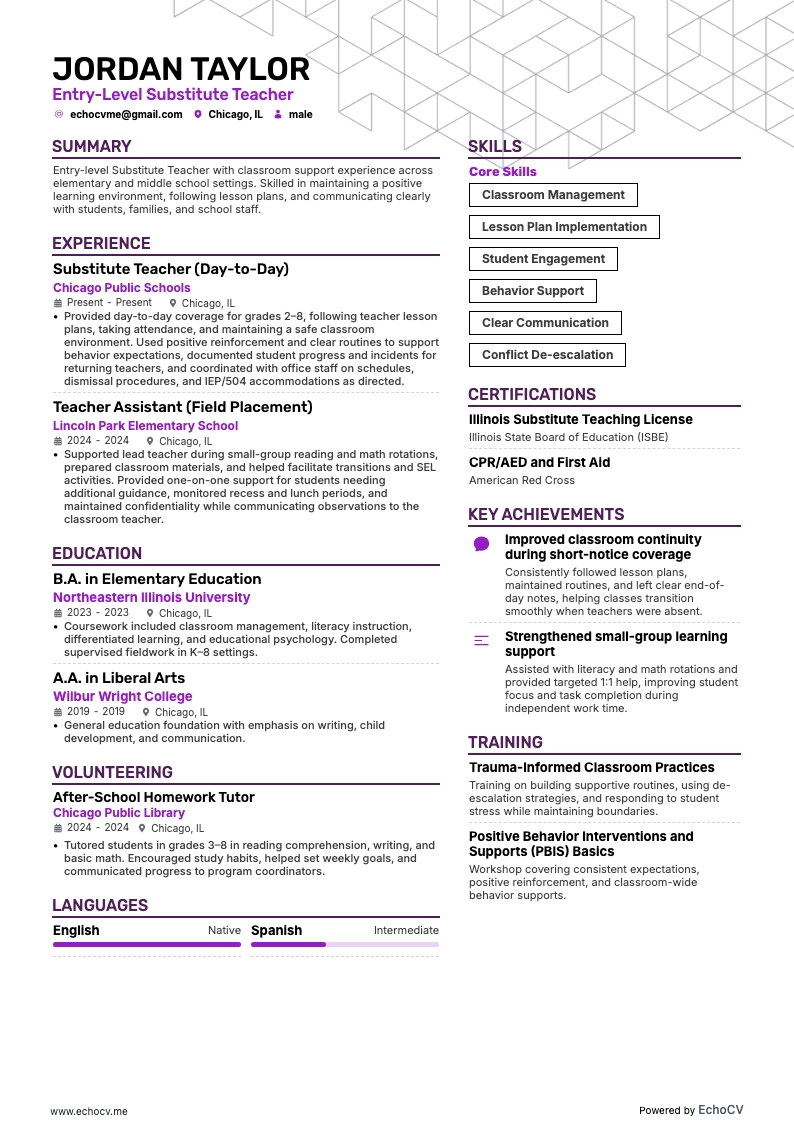 Entry-Level Substitute Teacher example resume