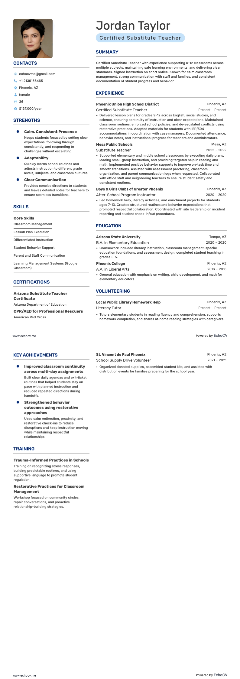 Certified Substitute Teacher example resume