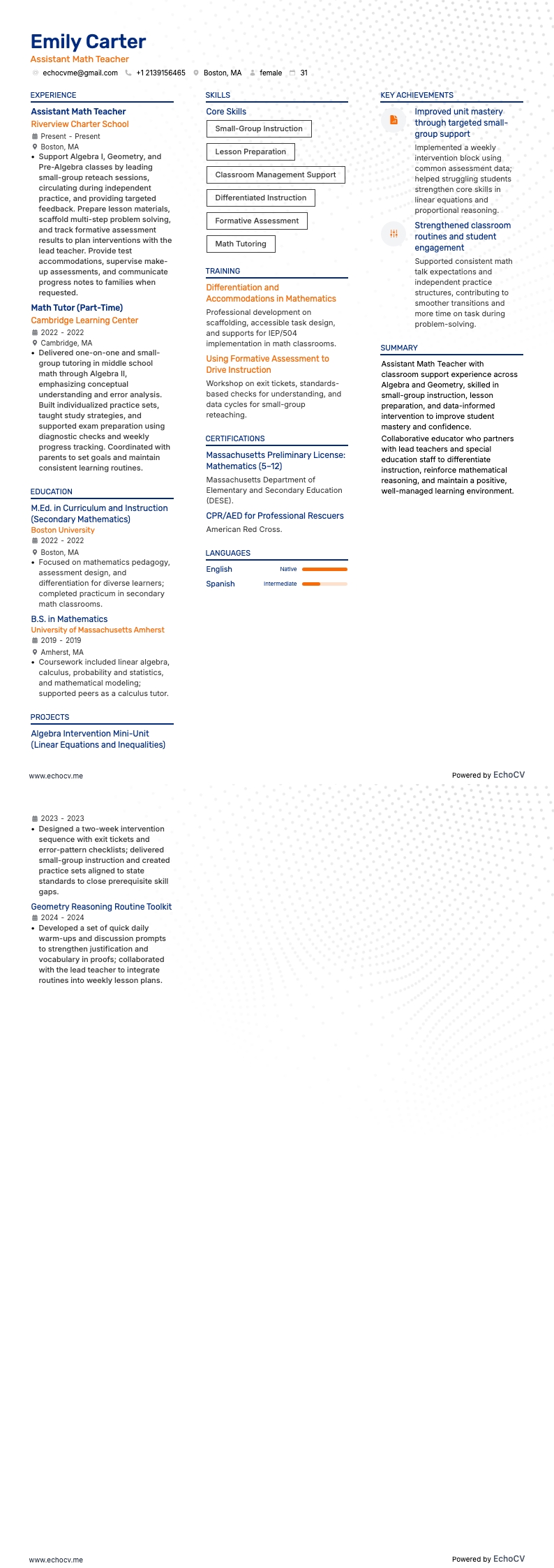Insegnante di matematica resume example