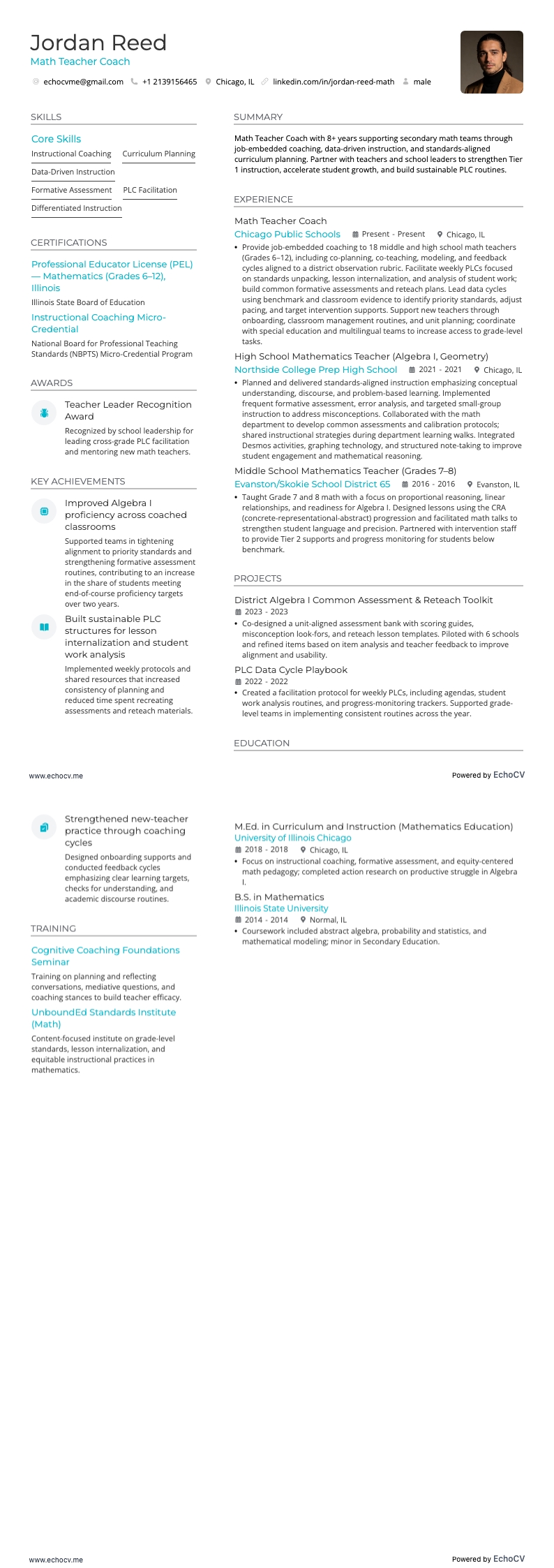 Coach de professor de matemática example resume