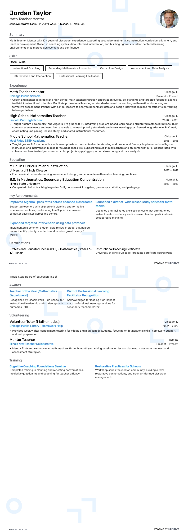 Mentor de professores de matemática example resume