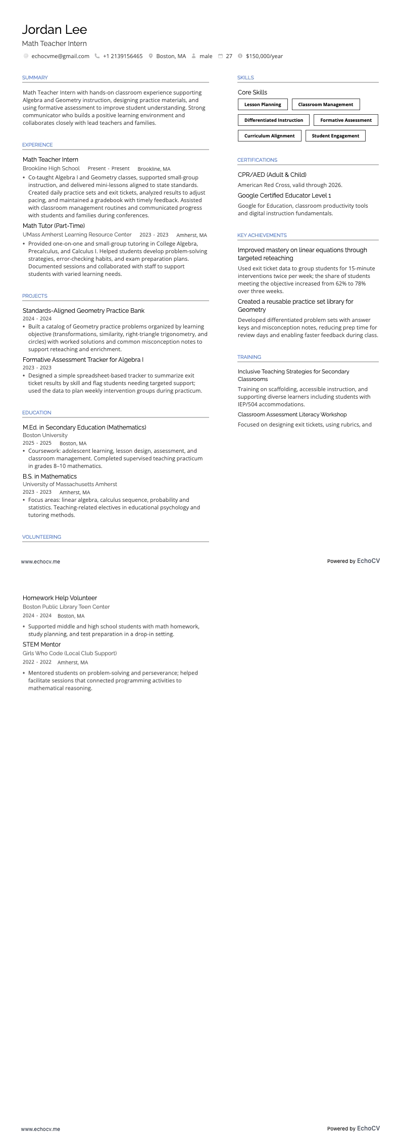 Estagiário de professor de matemática example resume