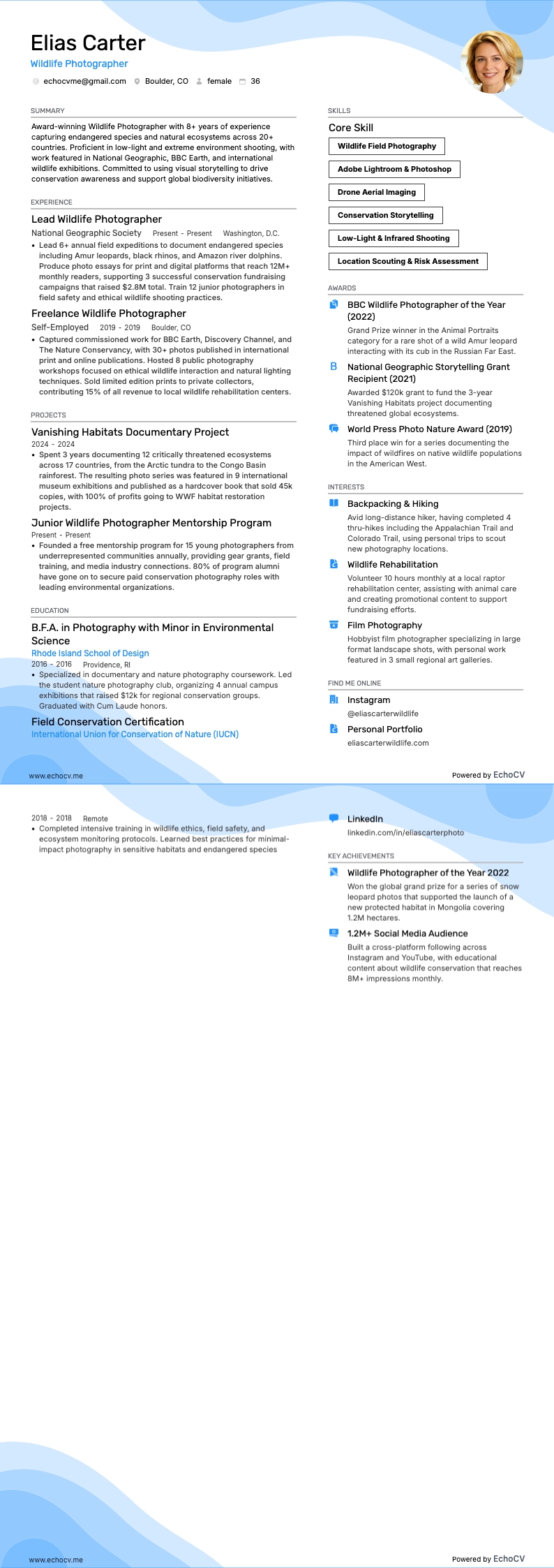 Wildlife Photographer example resume