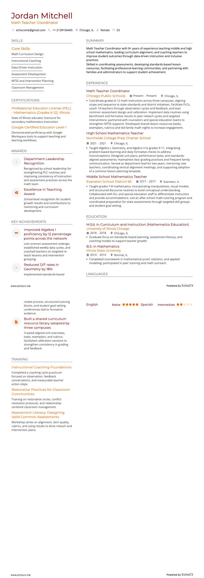 Coordenador de professores de matemática example resume