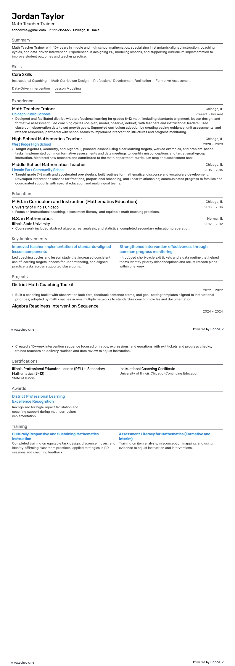 Professor de Matemática resume example