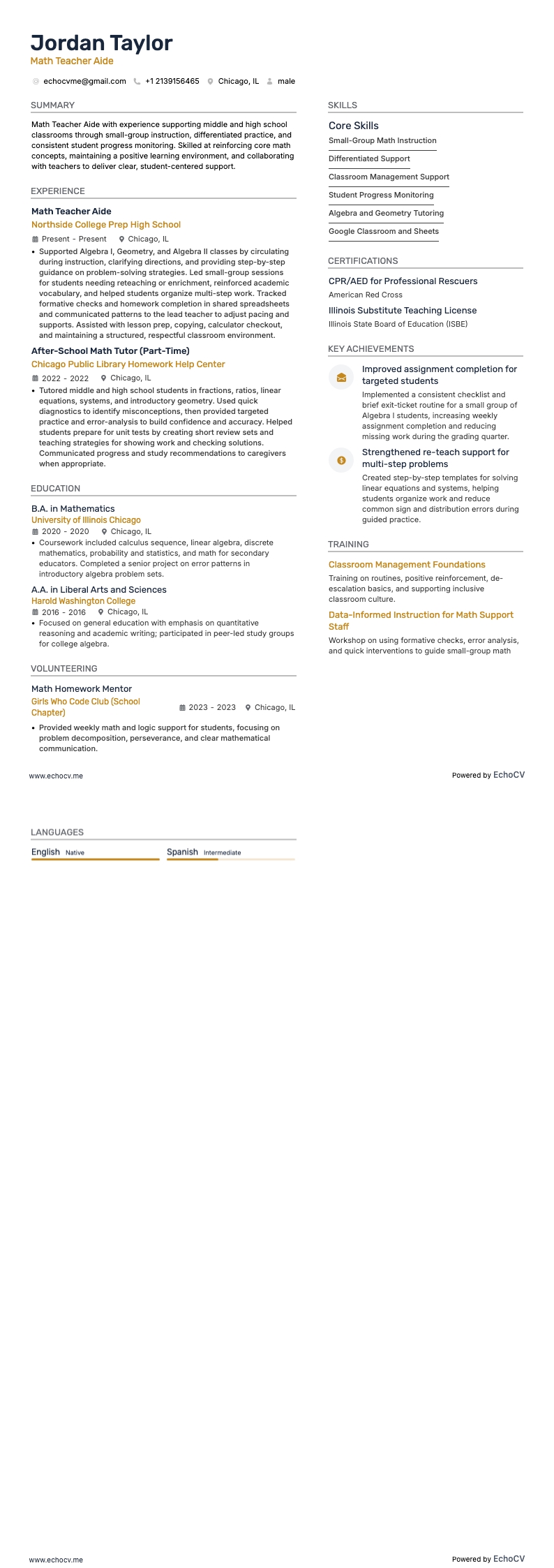 Assistente de professor de matemática example resume