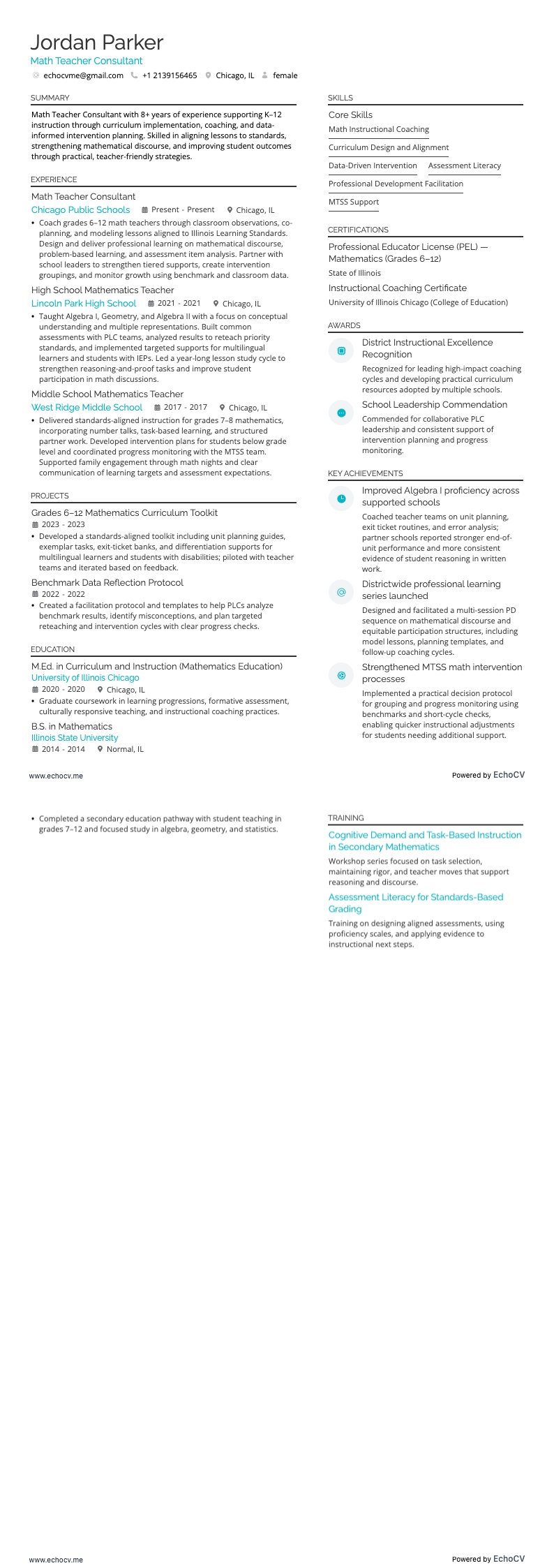 Consultor de professores de matemática example resume