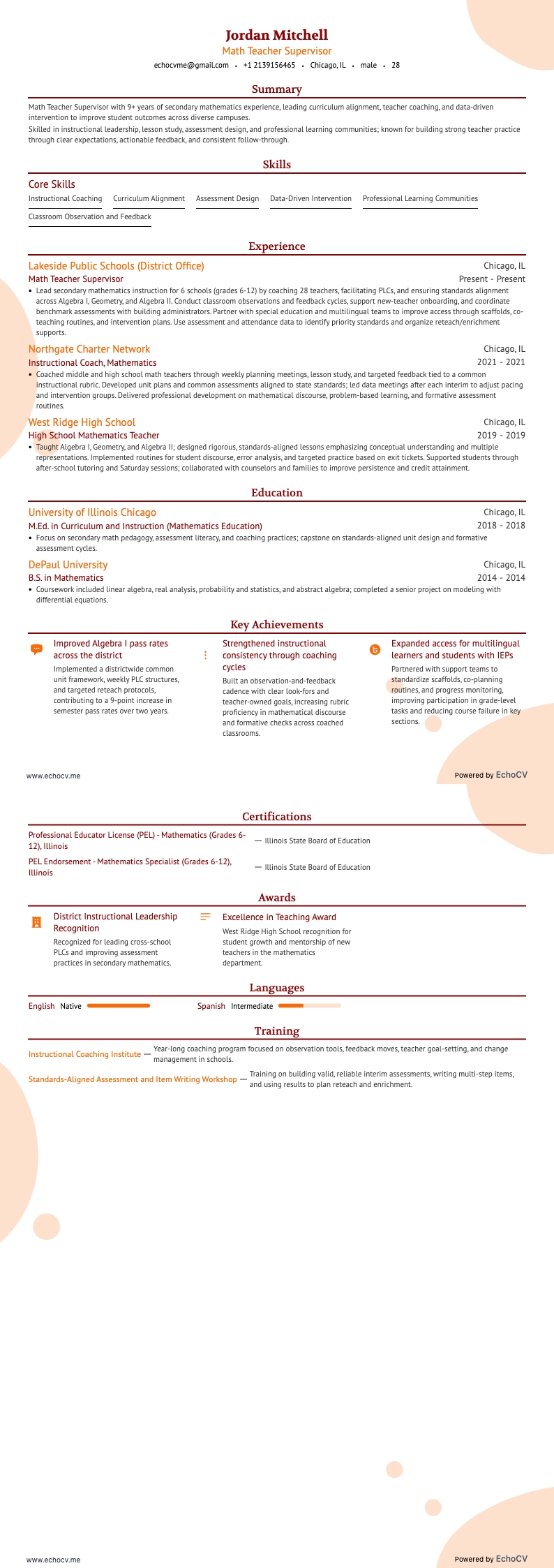Supervisor de professores de matemática example resume