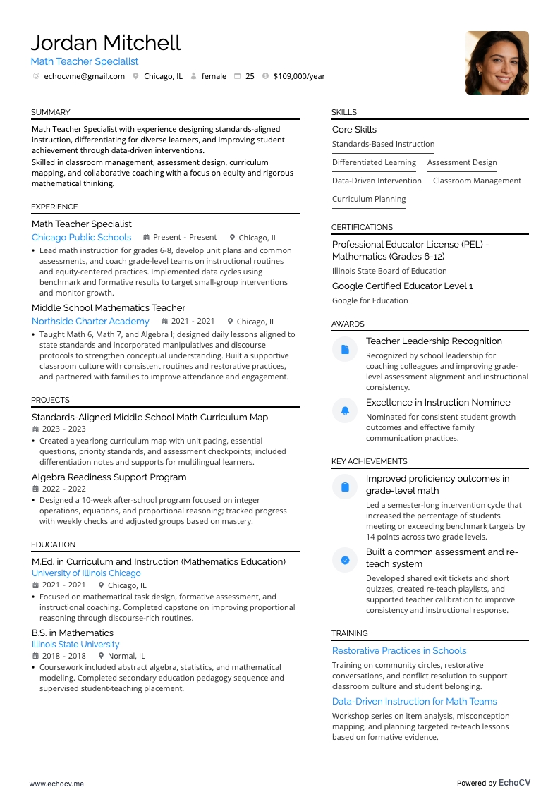 Especialista em ensino de matemática example resume