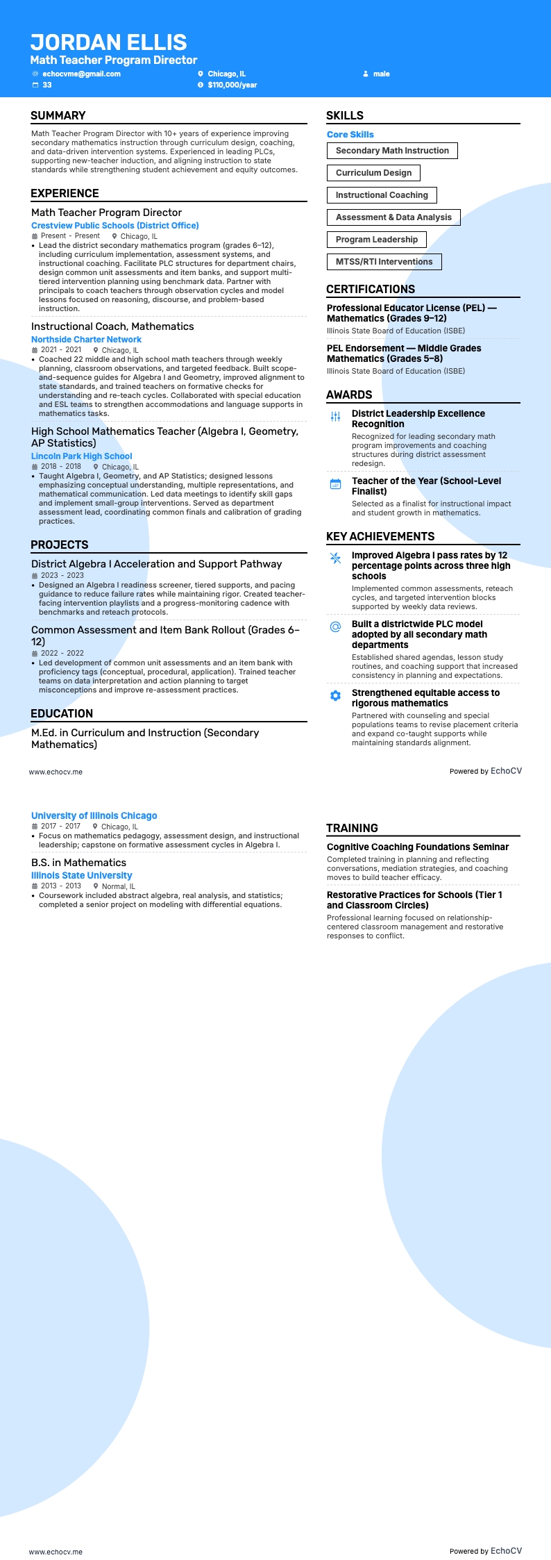 Diretor de Programa de Professores de Matemática example resume