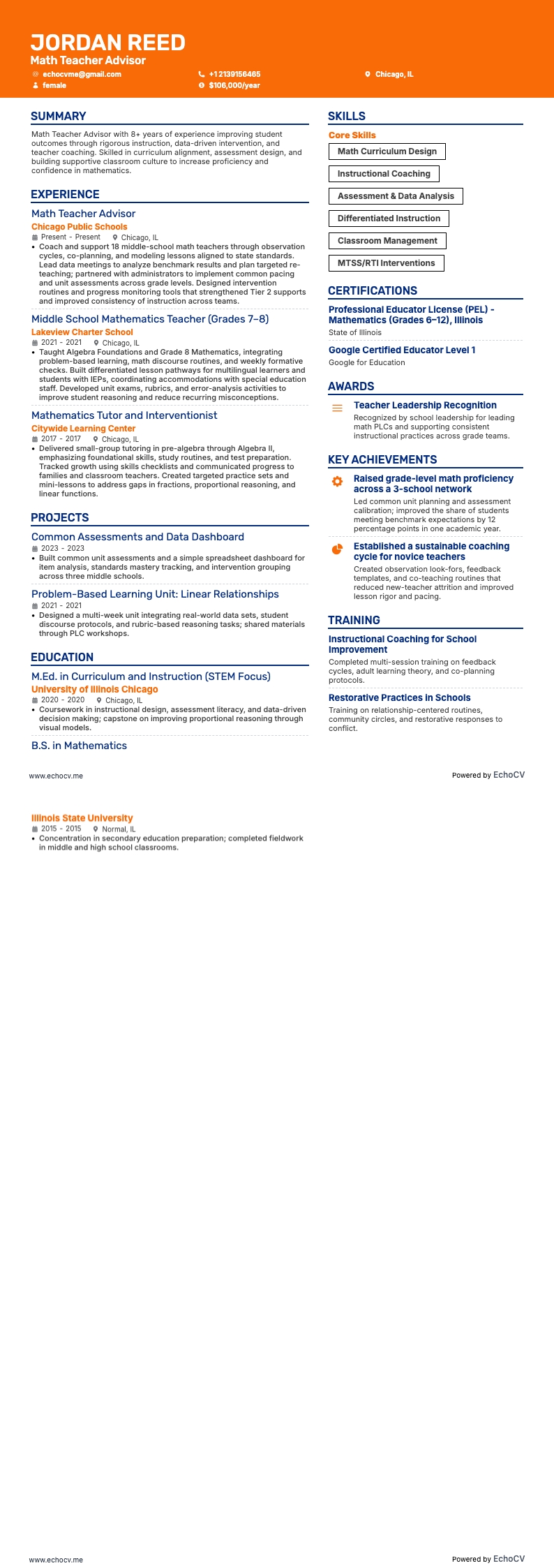 Consultor de professores de matemática example resume