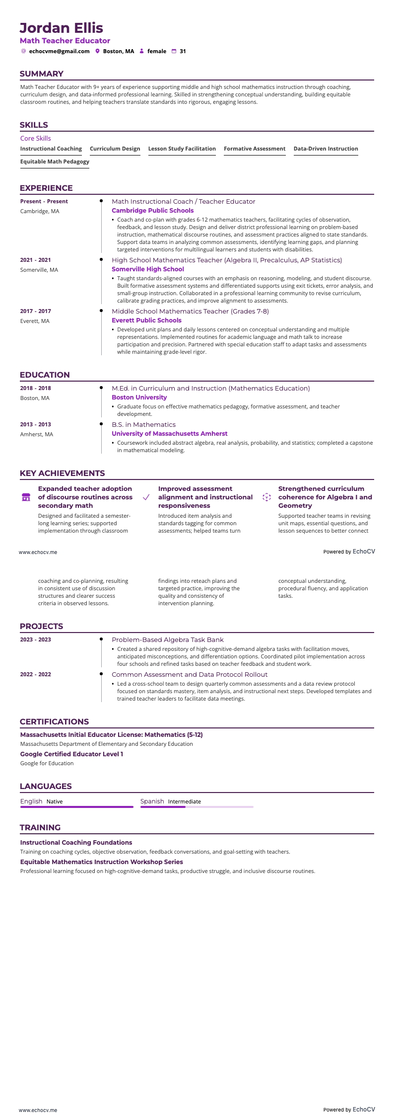 数学教师 resume example