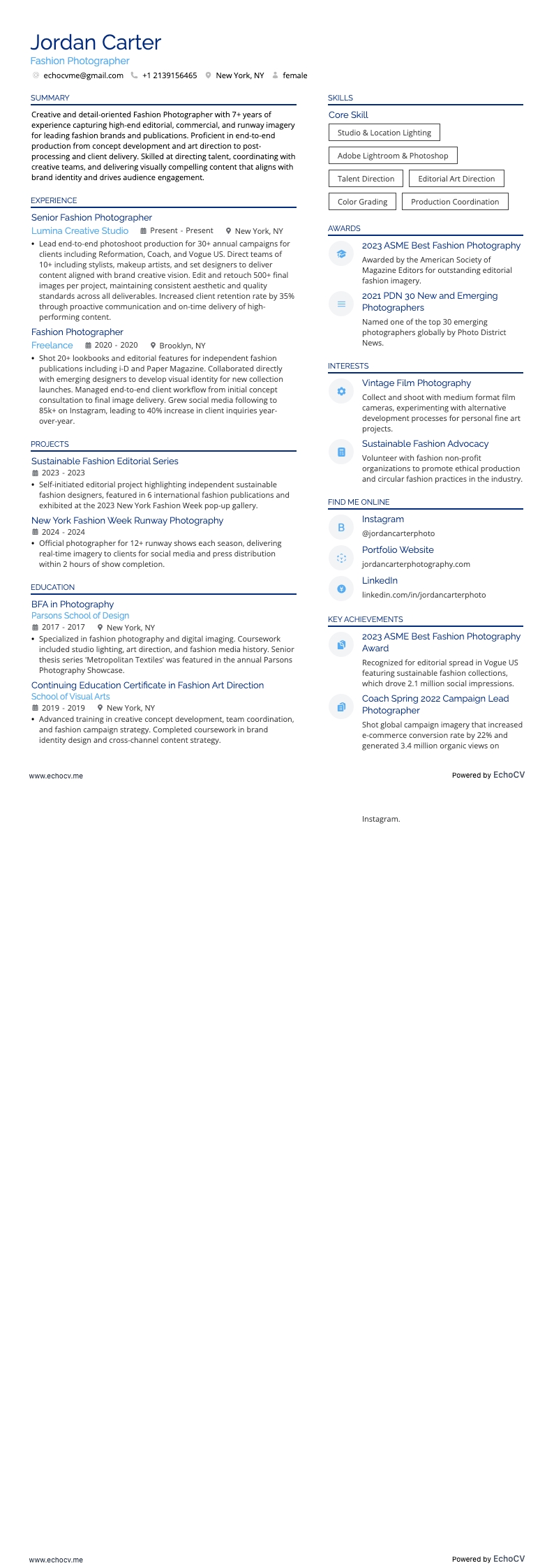 Fashion Photographer example resume