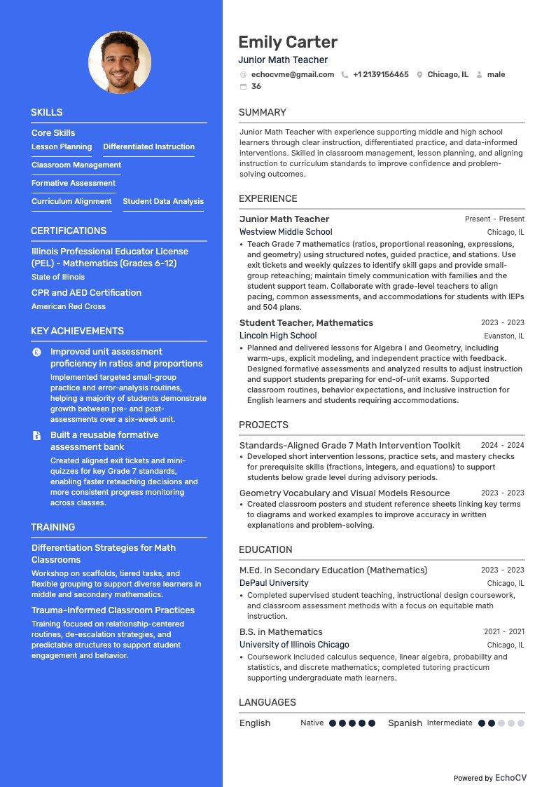 Professor(a) Júnior de Matemática example resume