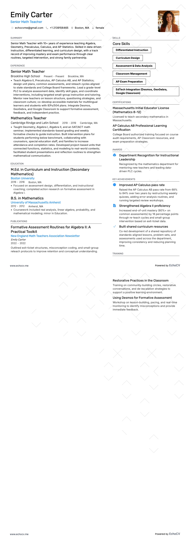 Professor Sênior de Matemática example resume