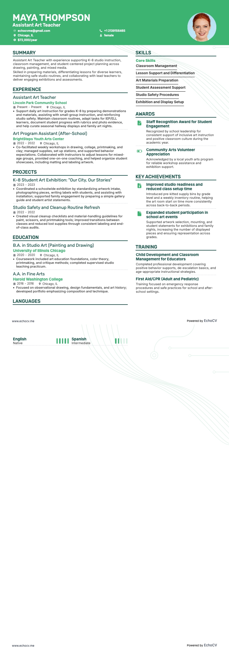 Assistant Art Teacher example resume