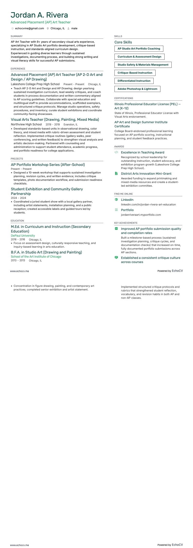 Advanced Placement (AP) Art Teacher example resume