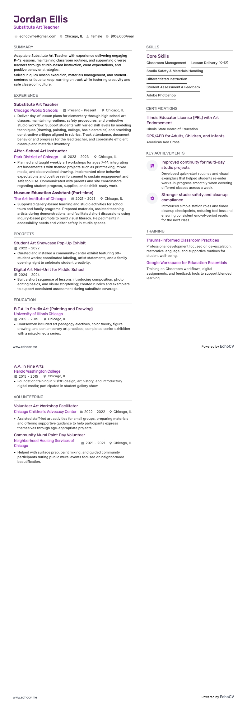 Substitute Art Teacher example resume