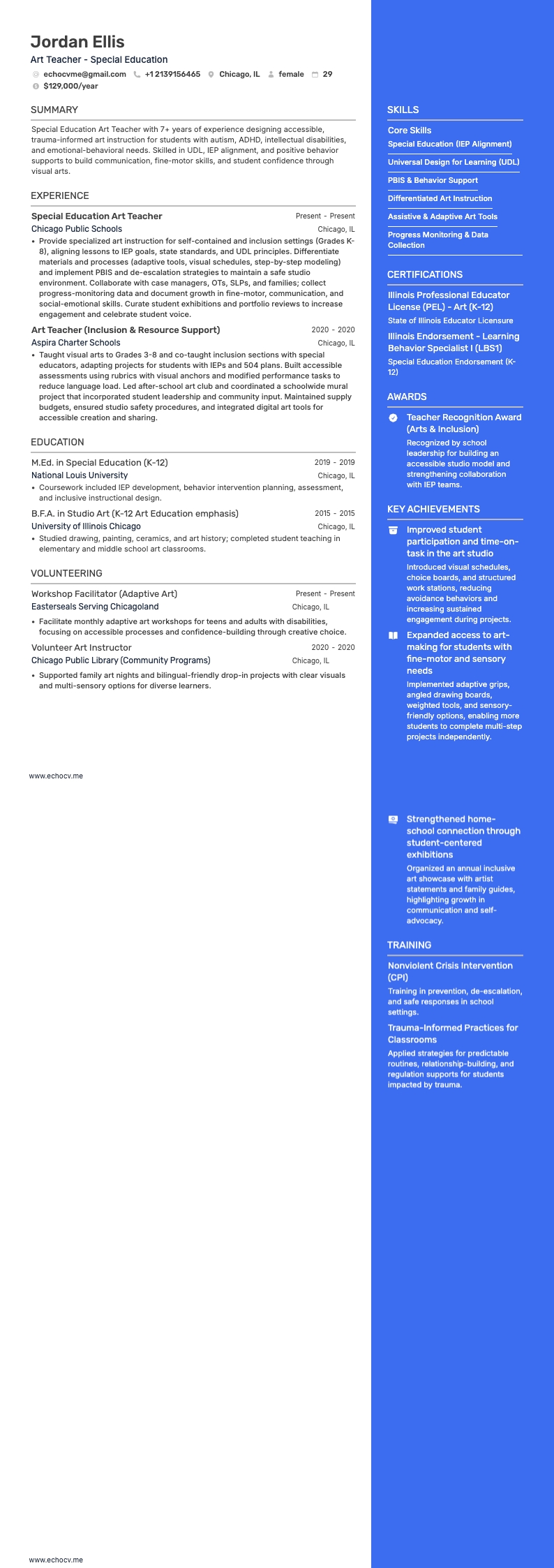 Art Teacher - Special Education example resume