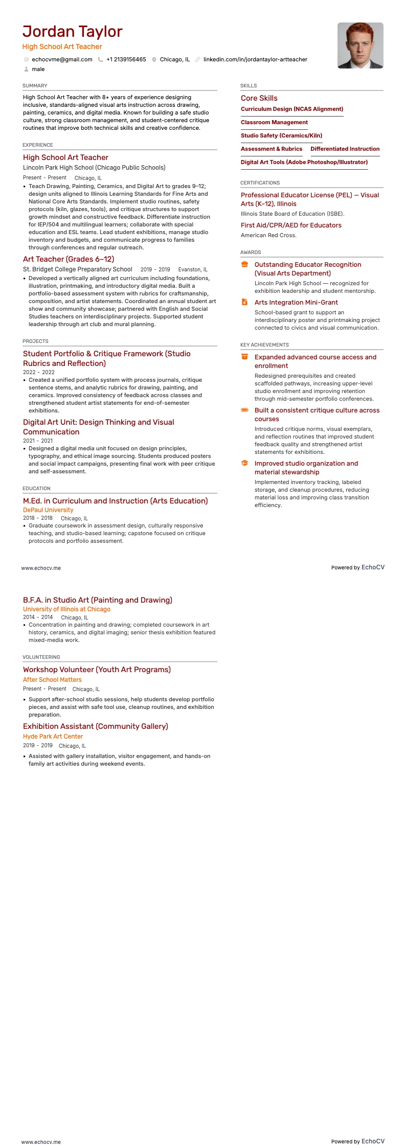 High School Art Teacher example resume