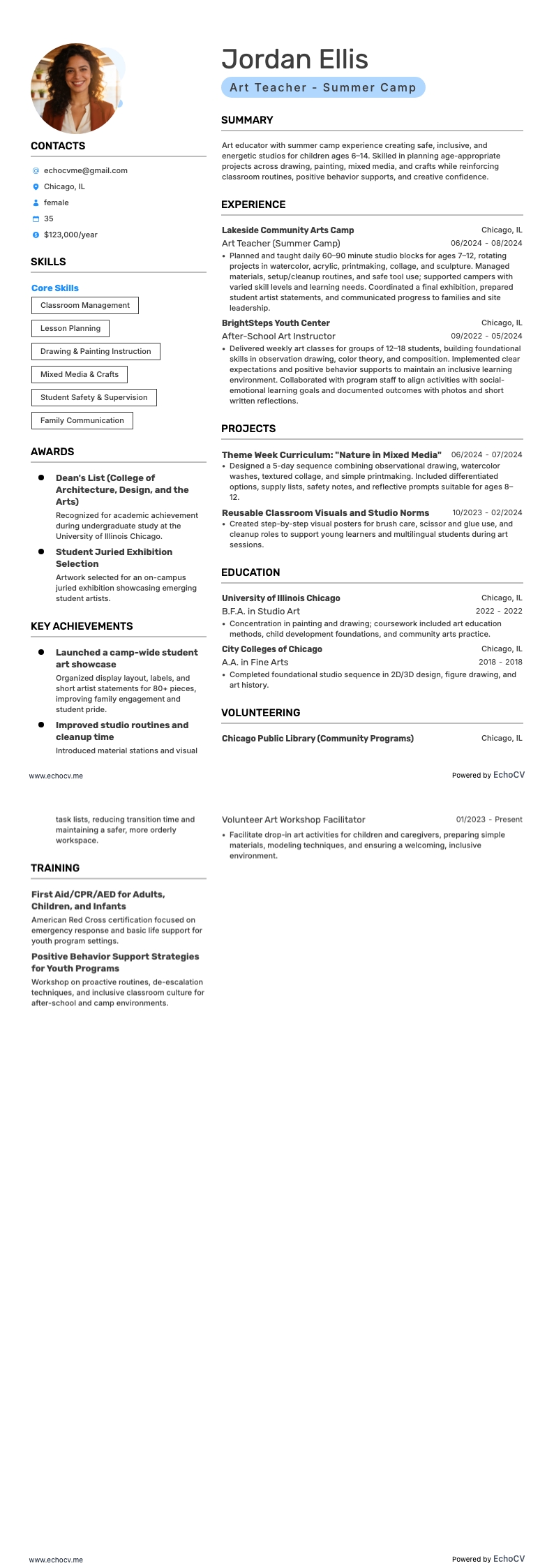 Art Teacher - Summer Camp example resume