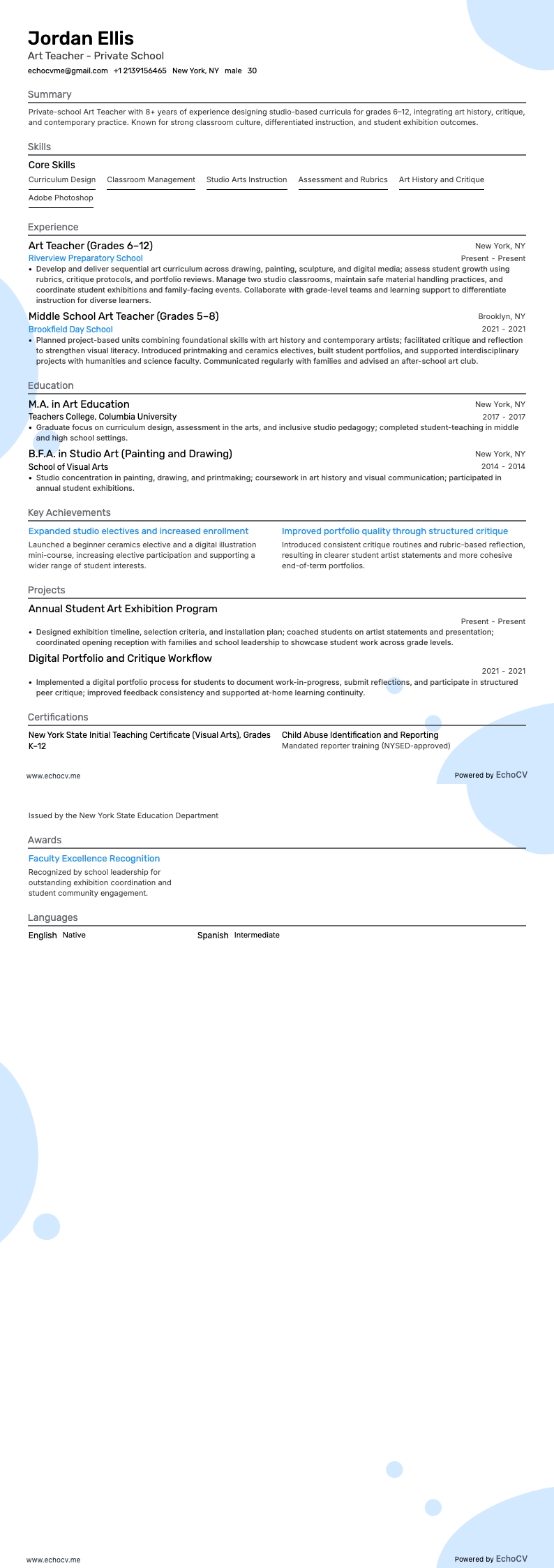 Art Teacher - Private School example resume