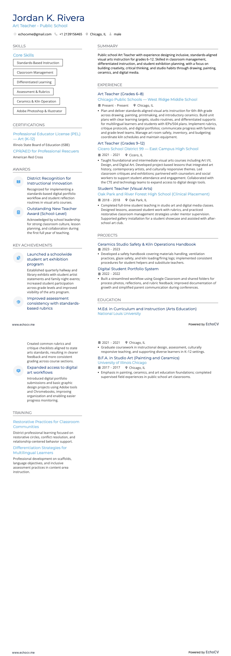 Art Teacher - Public School resume example