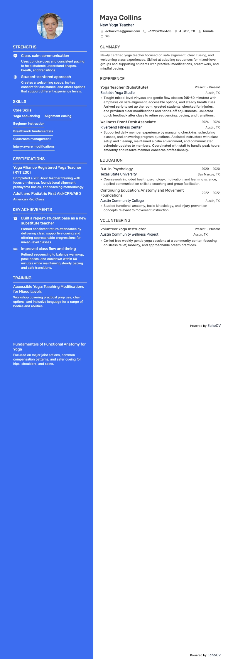 New Yoga Teacher example resume