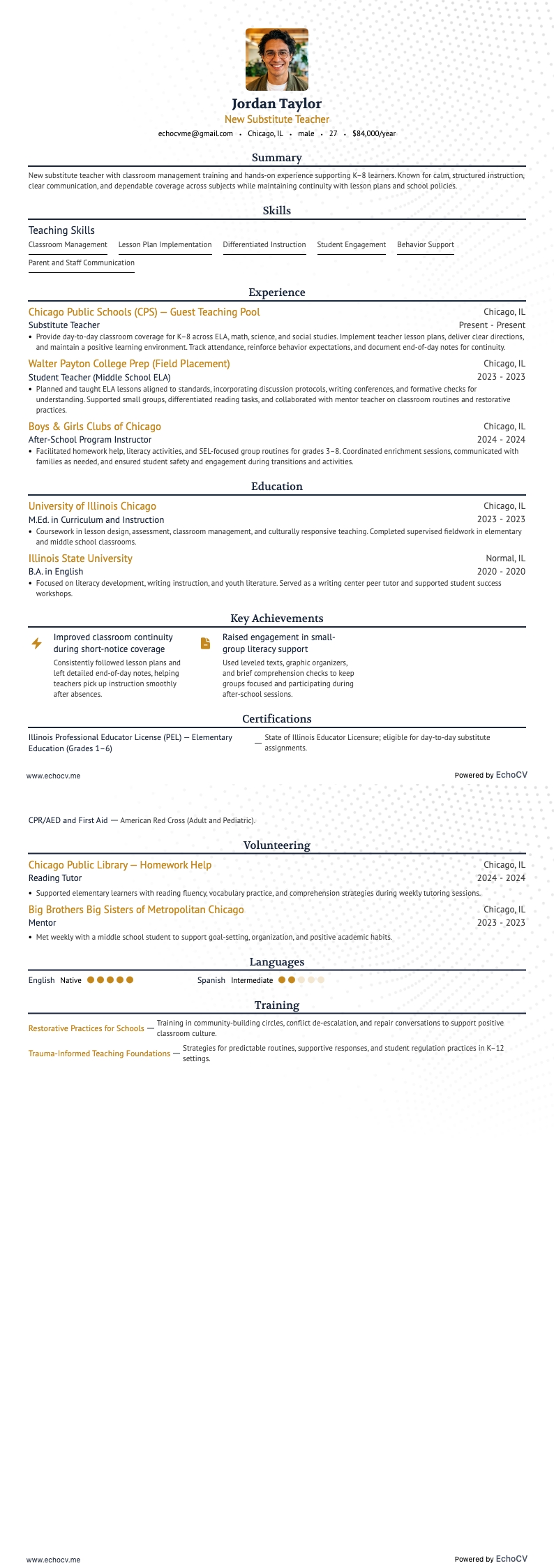 New Substitute Teacher example resume