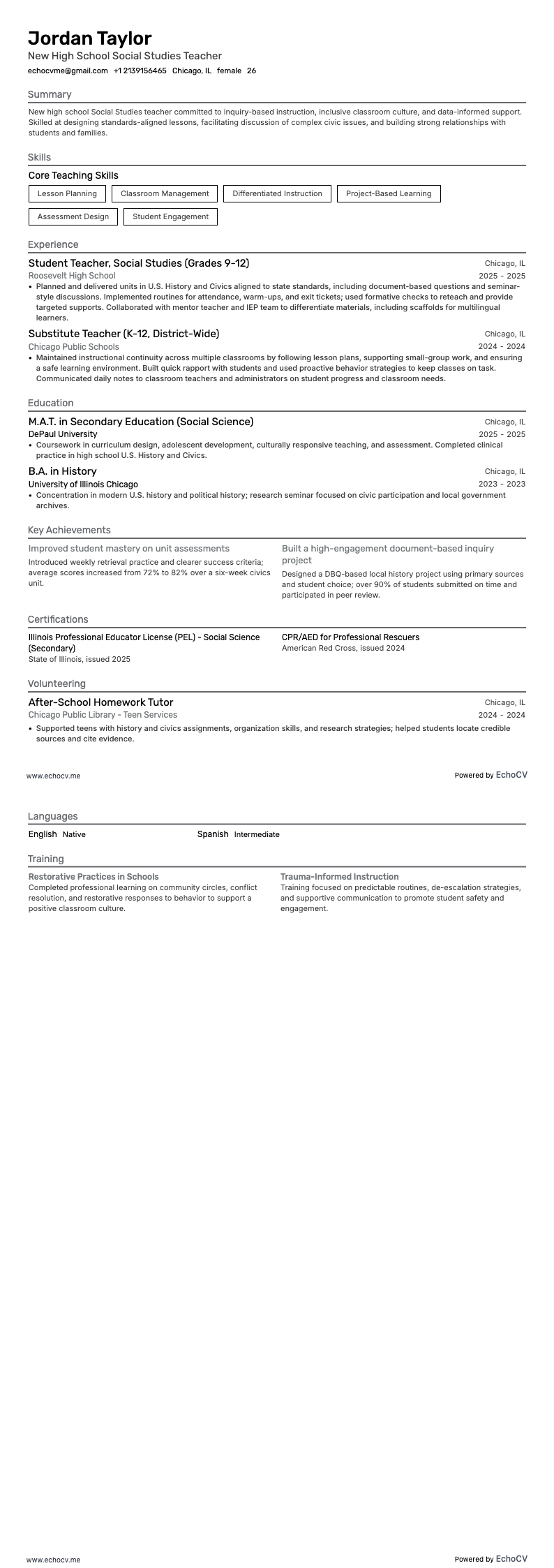 New High School Social Studies Teacher example resume