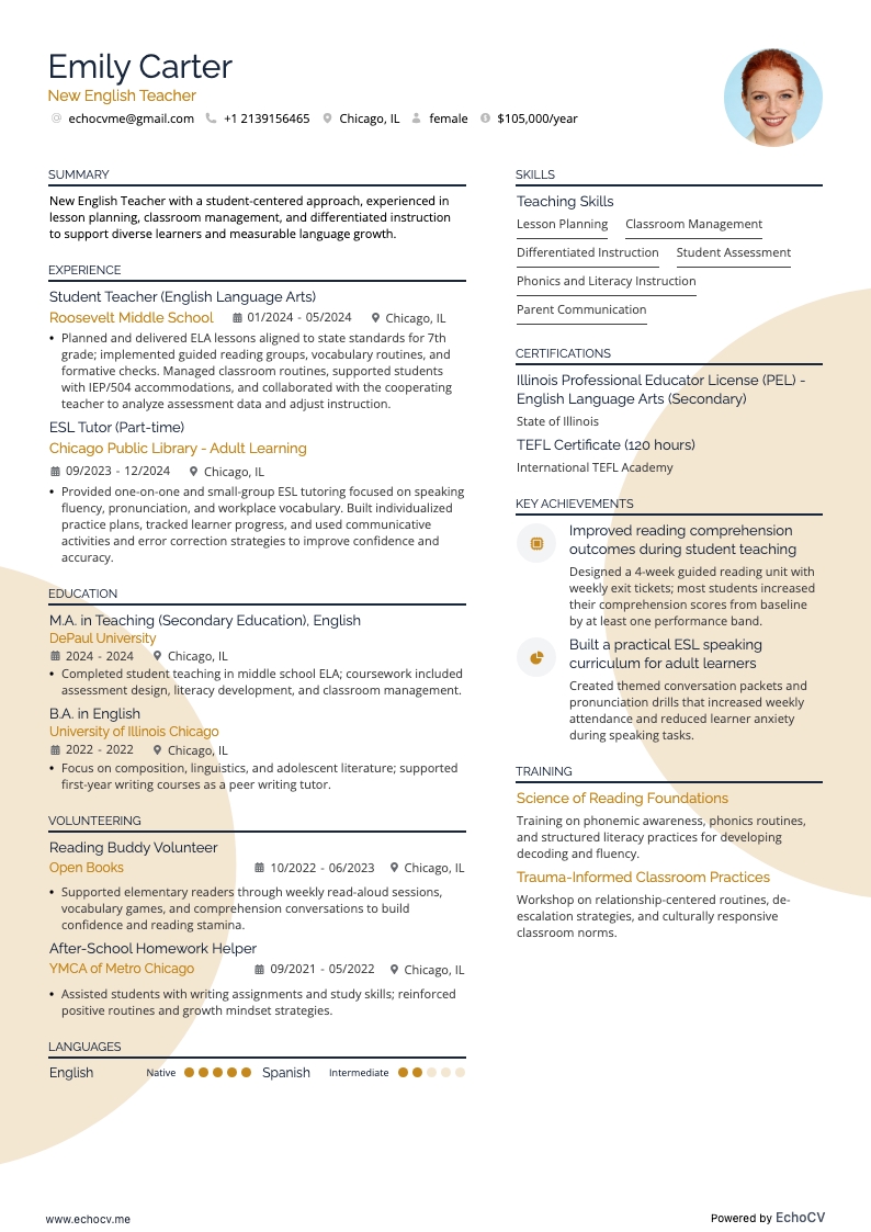 New English Teacher example resume