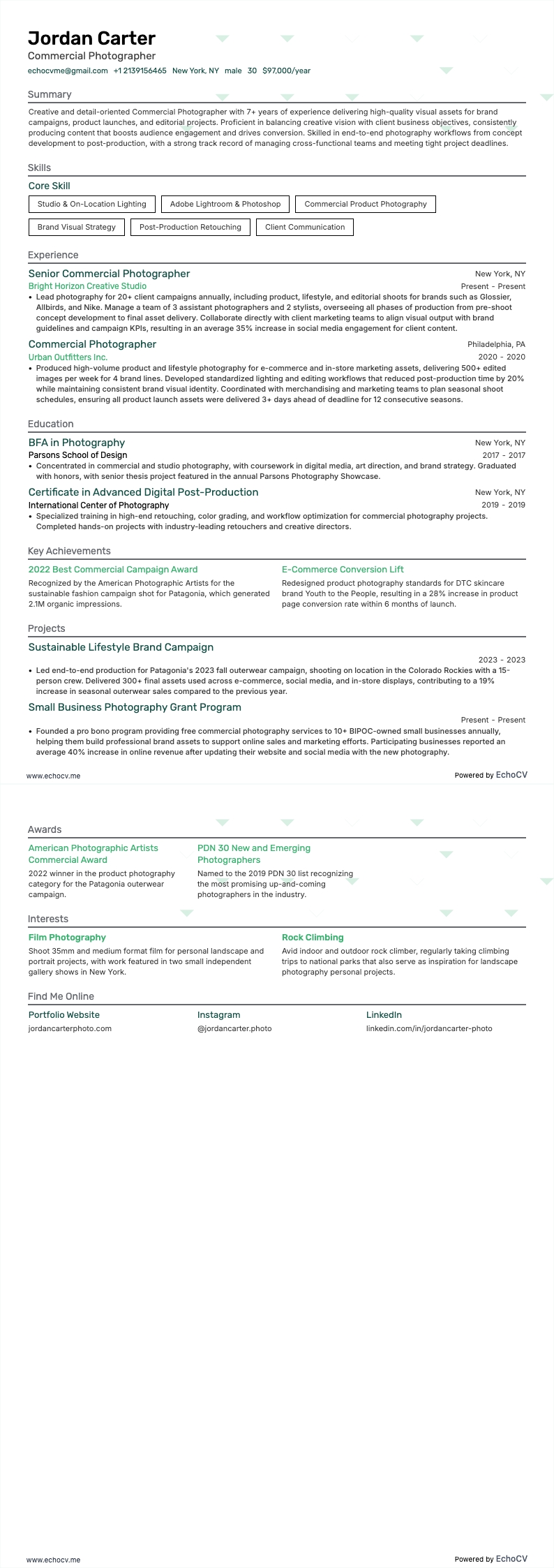 Commercial Photographer example resume