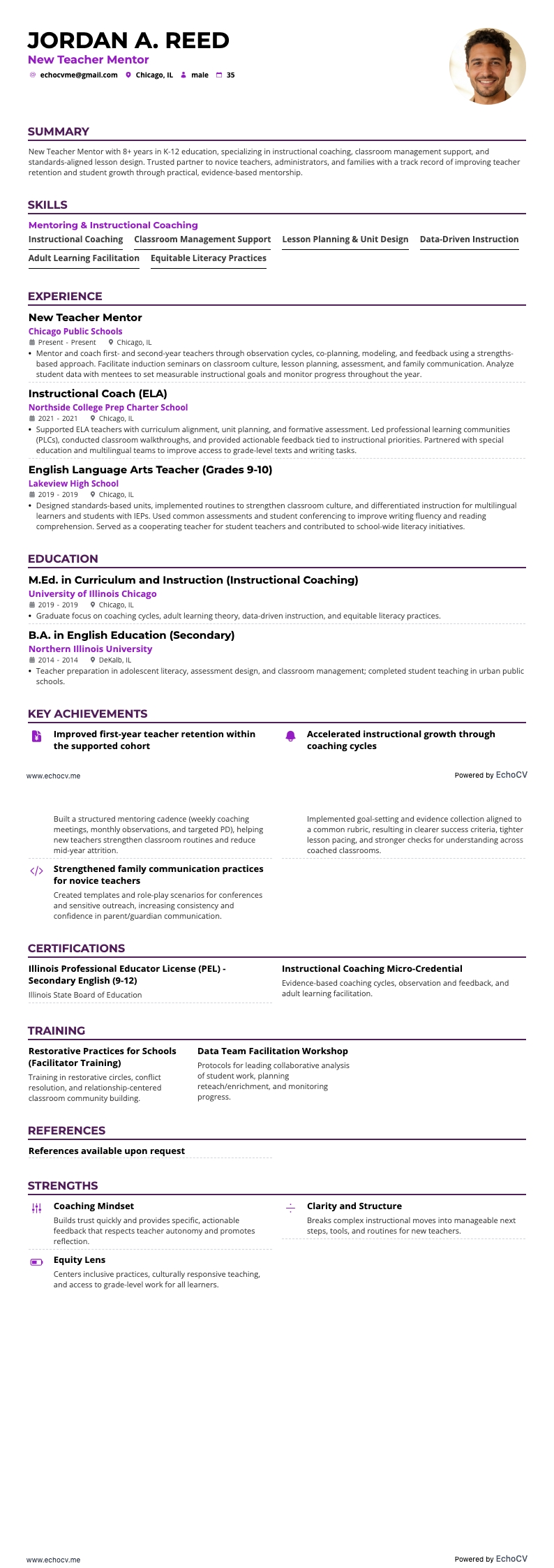 New Teacher Mentor example resume