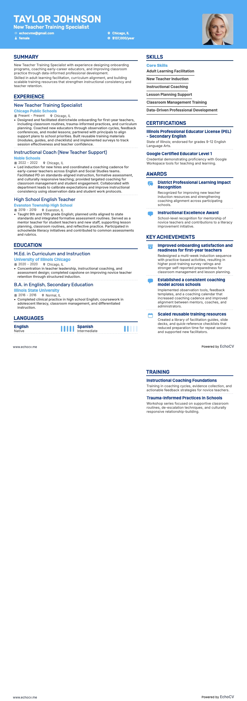 New Teacher Training Specialist example resume