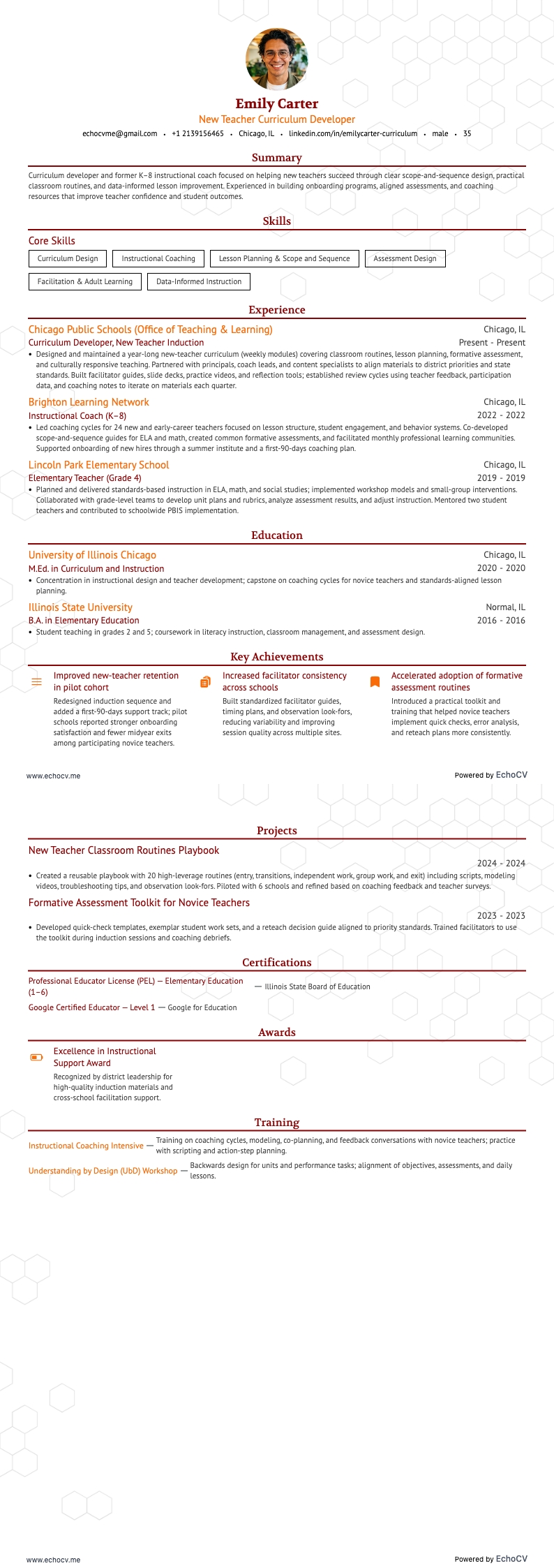 New Teacher Curriculum Developer example resume