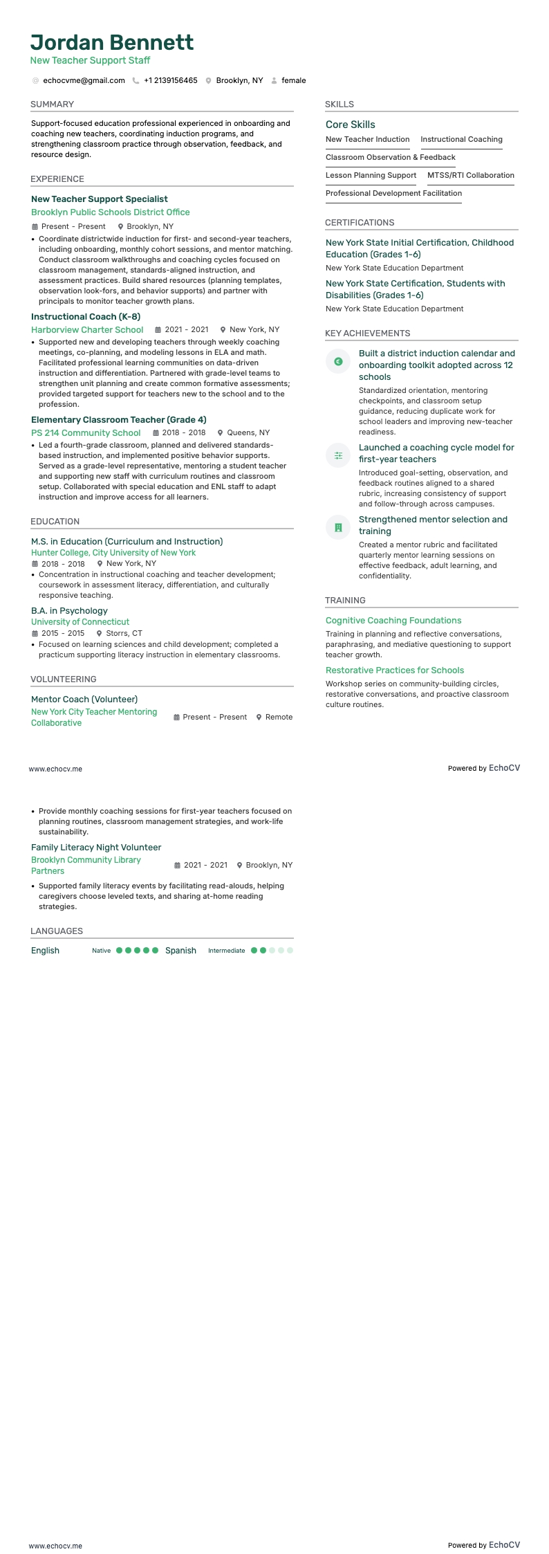 New Teacher Support Staff example resume