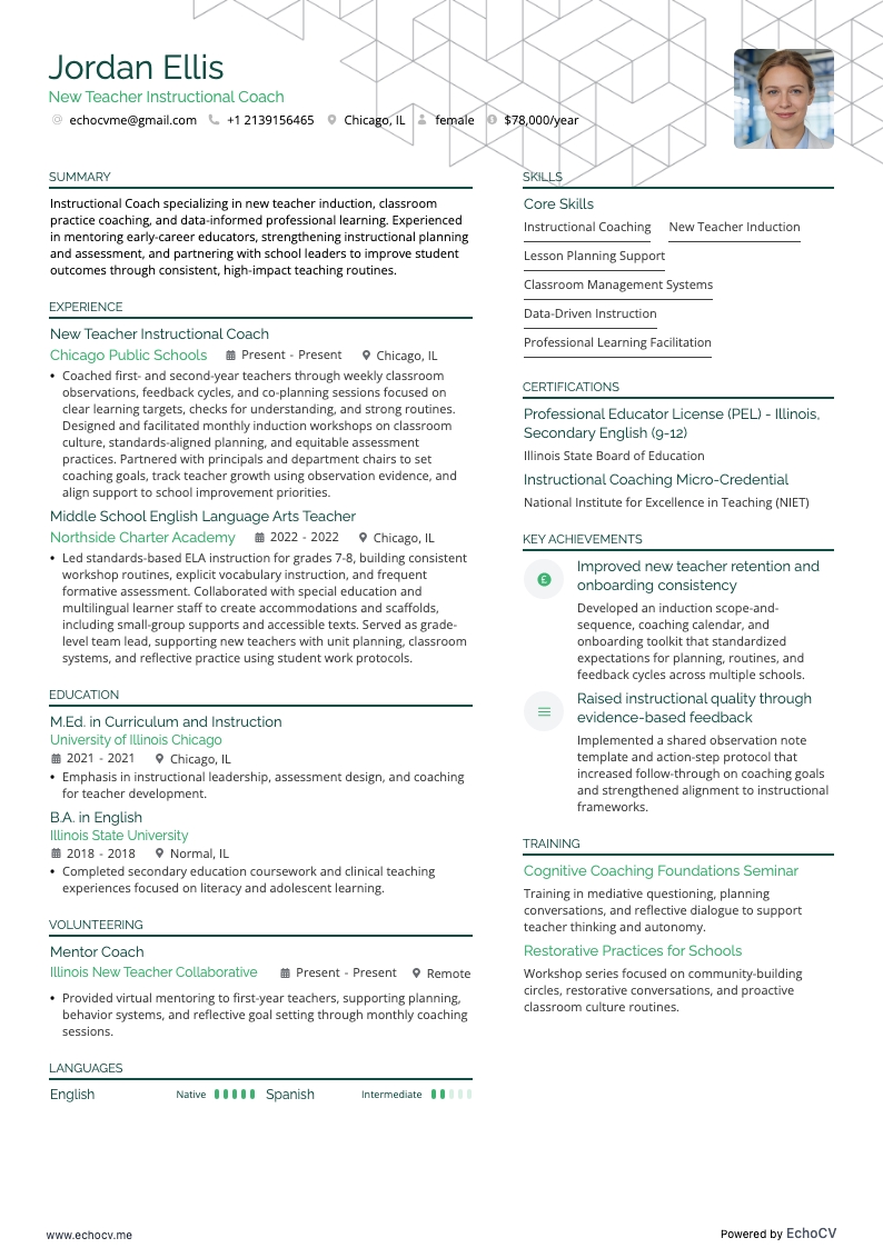 New Teacher Instructional Coach example resume
