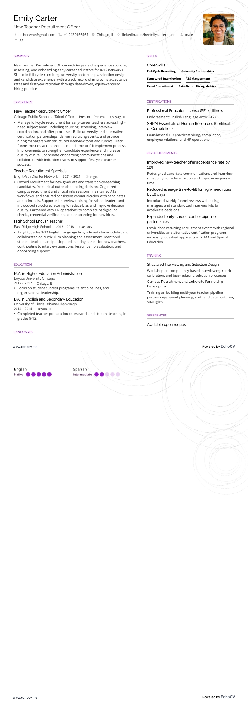 New Teacher Recruitment Officer example resume