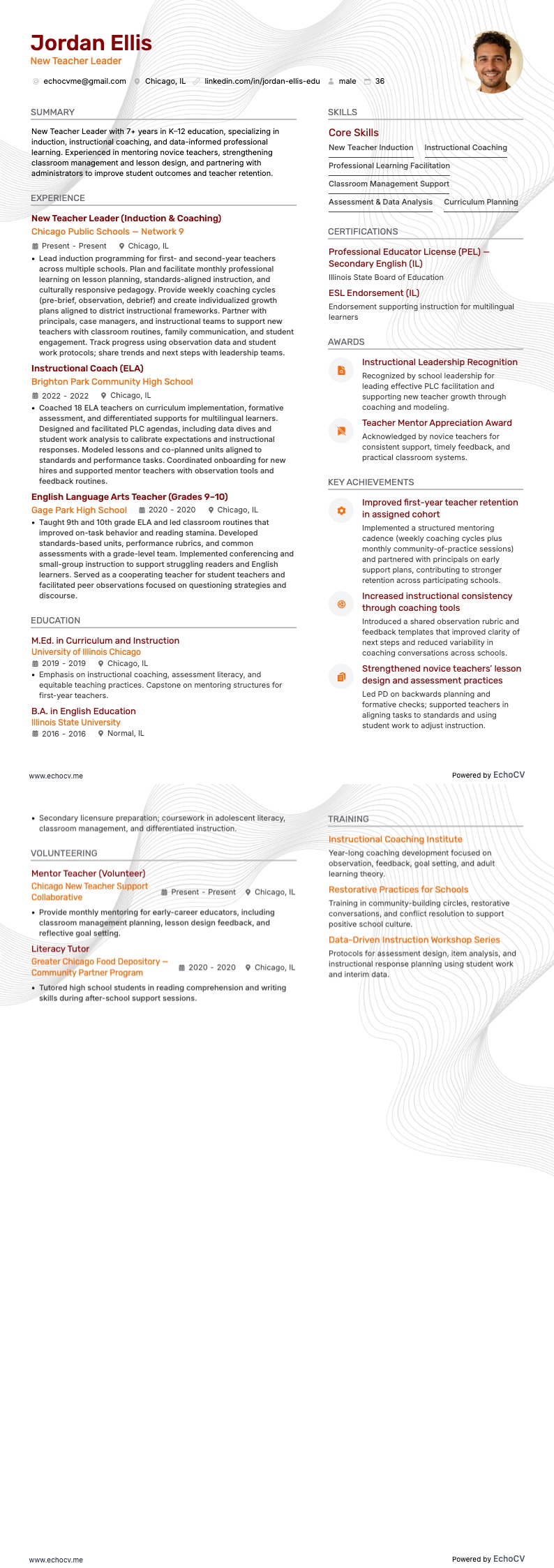 New Teacher Leader example resume