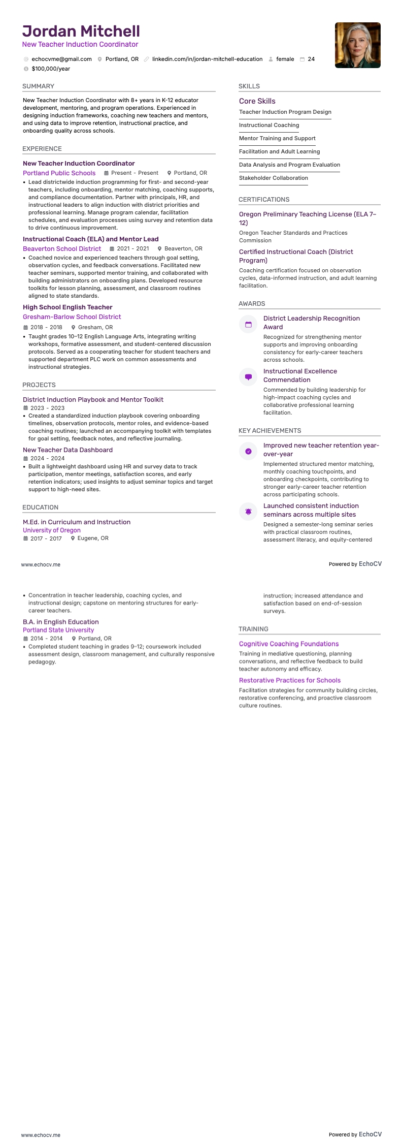 New Teacher Induction Coordinator example resume