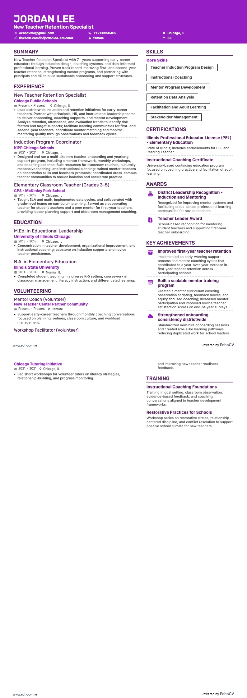 New Teacher Retention Specialist example resume