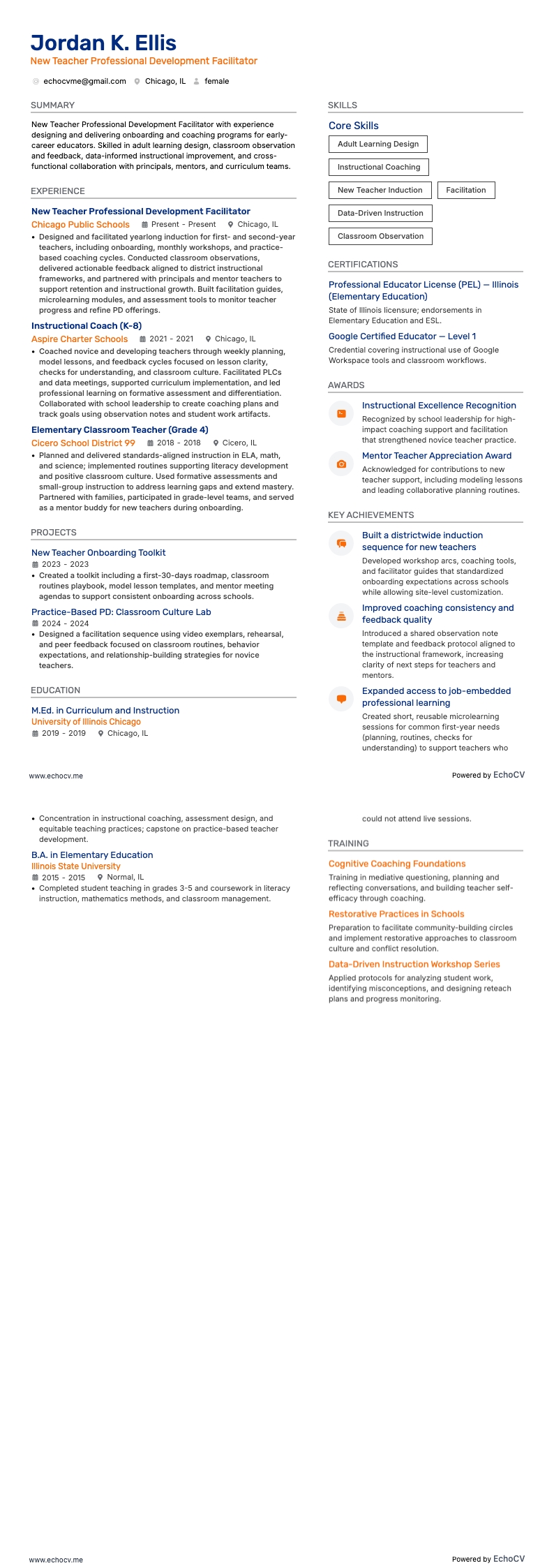 New Teacher Professional Development Facilitator example resume