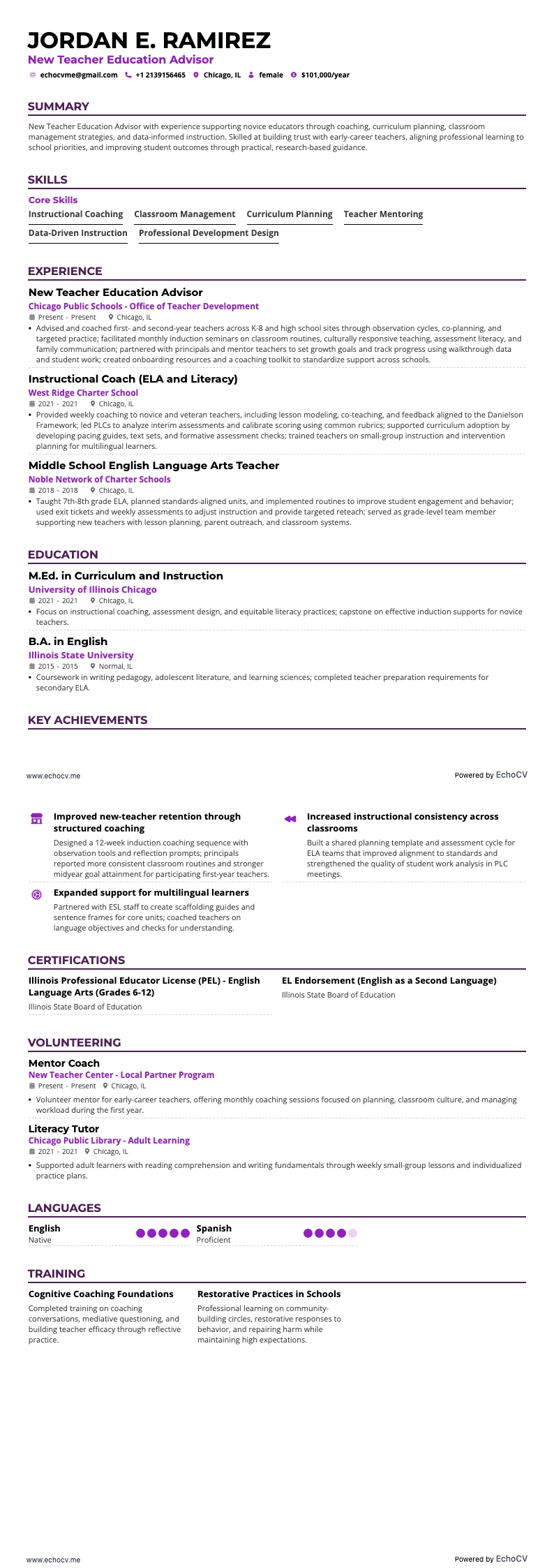 New Teacher Education Advisor example resume