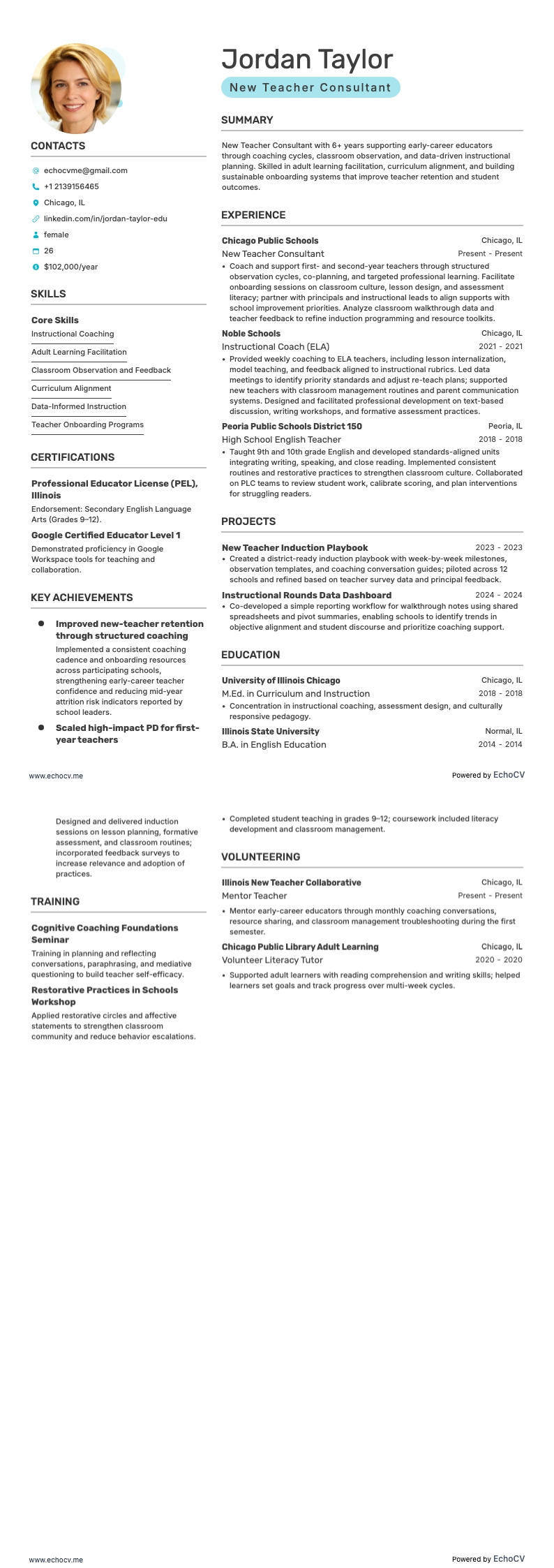 New Teacher Consultant example resume