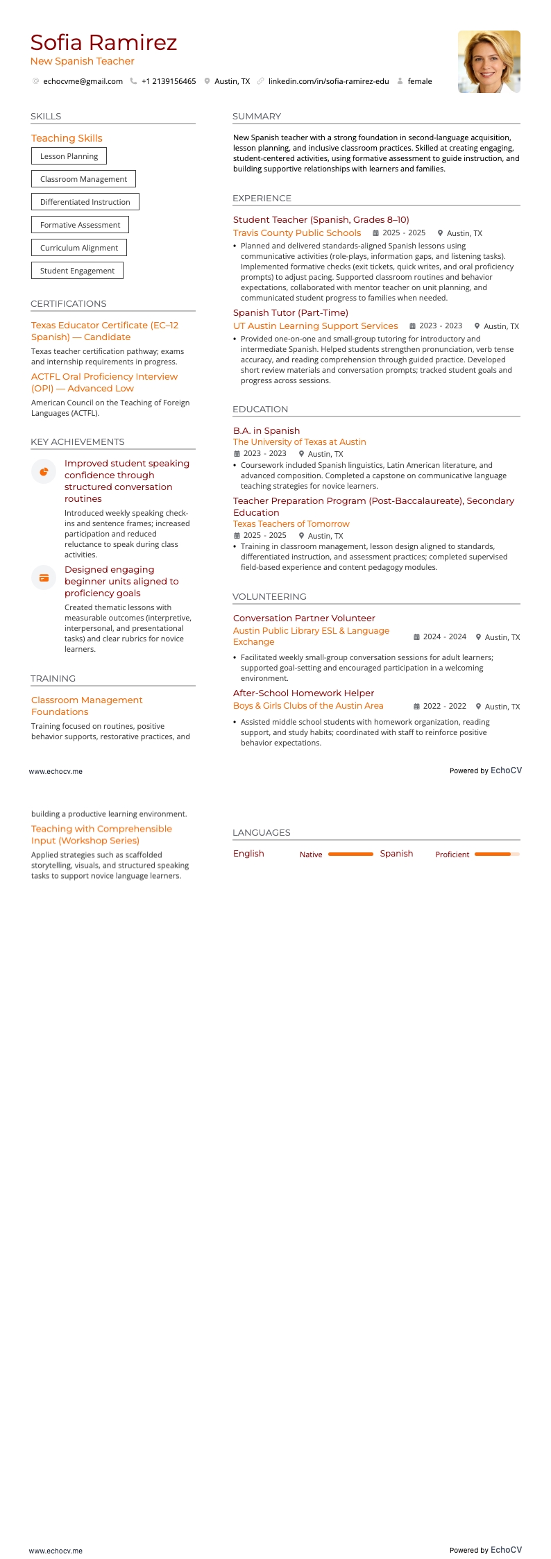 New Spanish Teacher With No Experience example resume