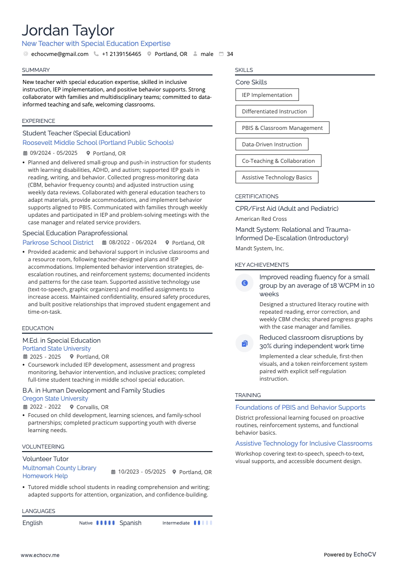 New Teacher with Special Education Expertise example resume